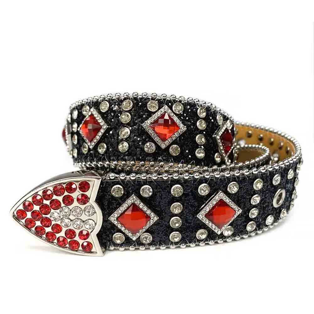 Black Strap With Big Red & Transparent Studded Rhinestone Belt