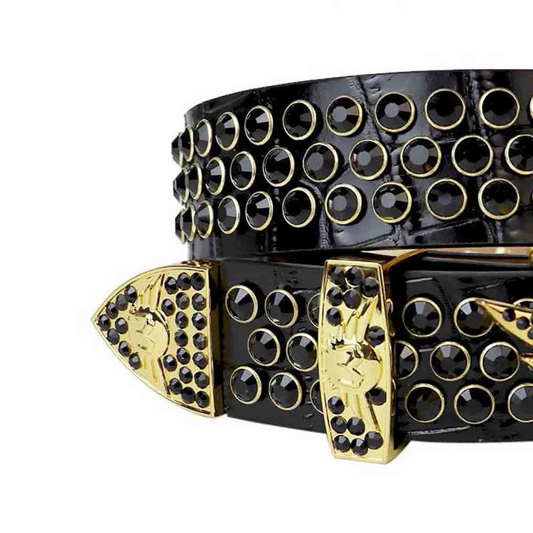 Black Strap With Black Studded Rhinestone Belt with Gold Wings Shaped Black Buckle