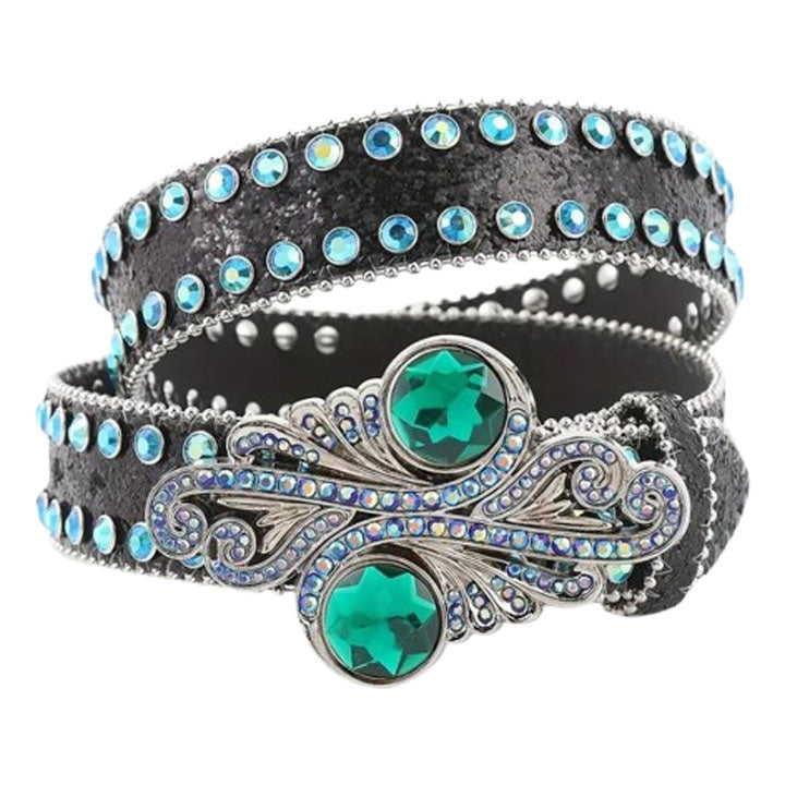 Black Rhinestone Western Belt with Emerald Green Buckle